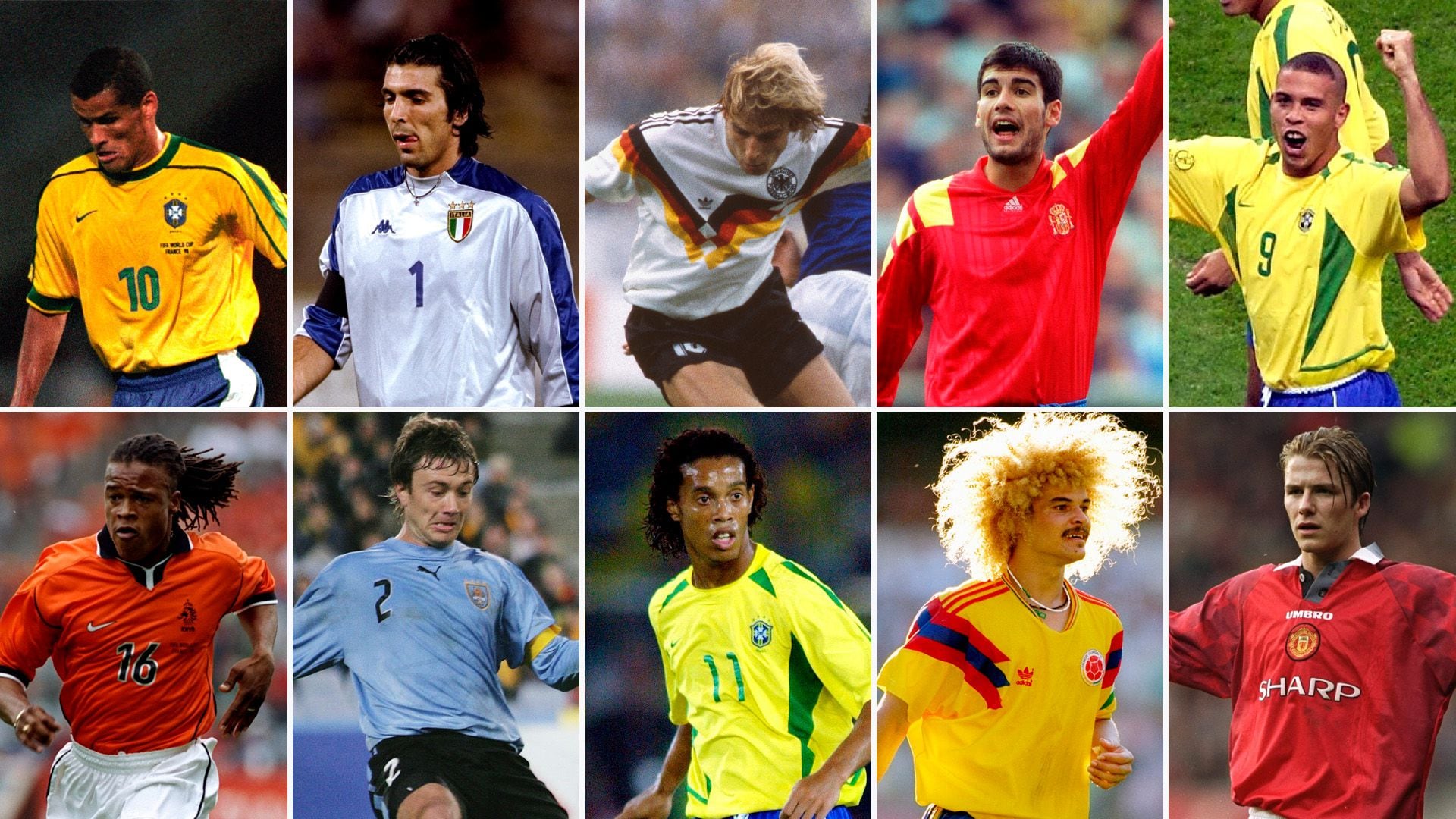 Rivaldo, Buffon, Klismann, Guardiola, Ronaldo, Edgard Davis, Diego Lugano, Ronaldinho, Valderrama y David Beckham