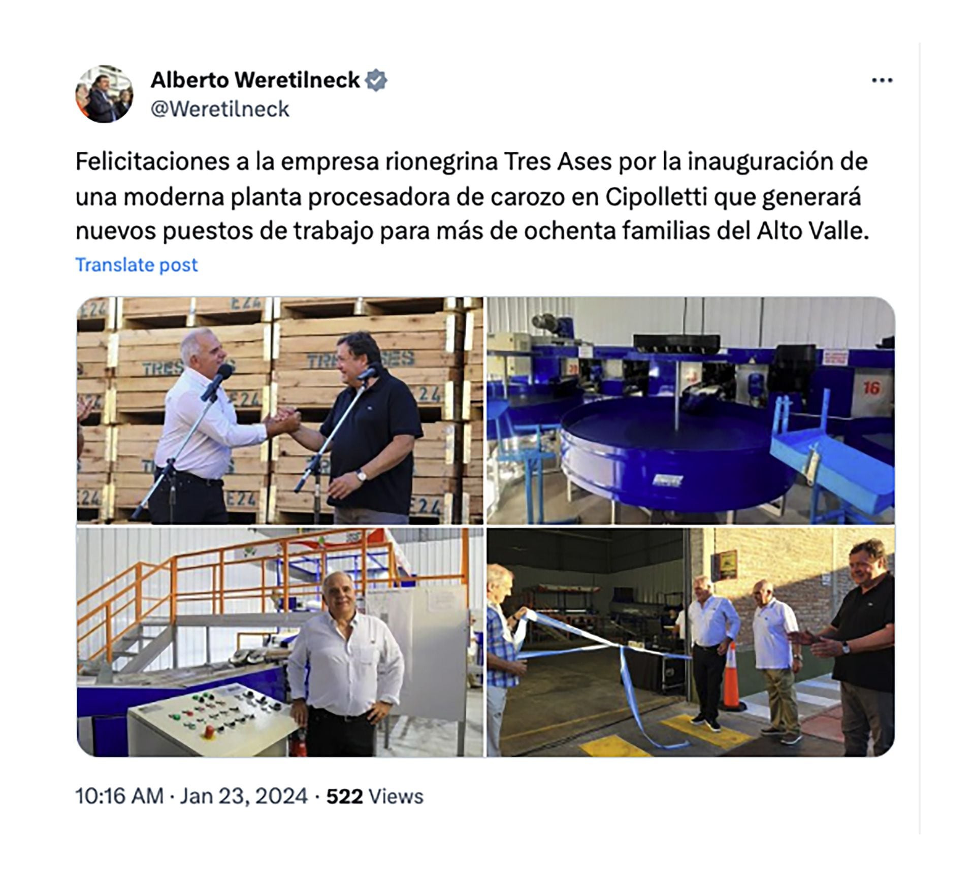 Alberto Weretilneck, gobernador de Río Negro, participó de la inauguración de una planta de procesamiento de fruta de carozo en Cipolletti