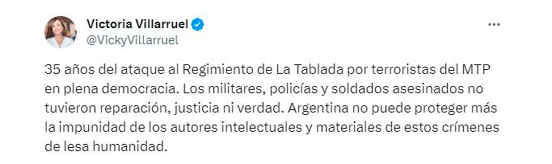 tuit de Victoria Villarruel por los 35 años del ataque a La Tablada