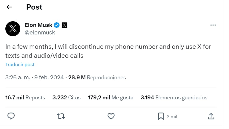 Elon Musk aclaró por medio de X que iba a comenzar a realizar llamadas y mensajes solo por esta plataforma. Foto: Tomada de X
