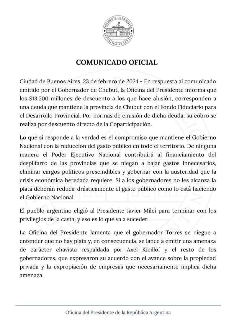 Respuesta de Milei al gobernador de Chubut Torres por el recorte de fondos