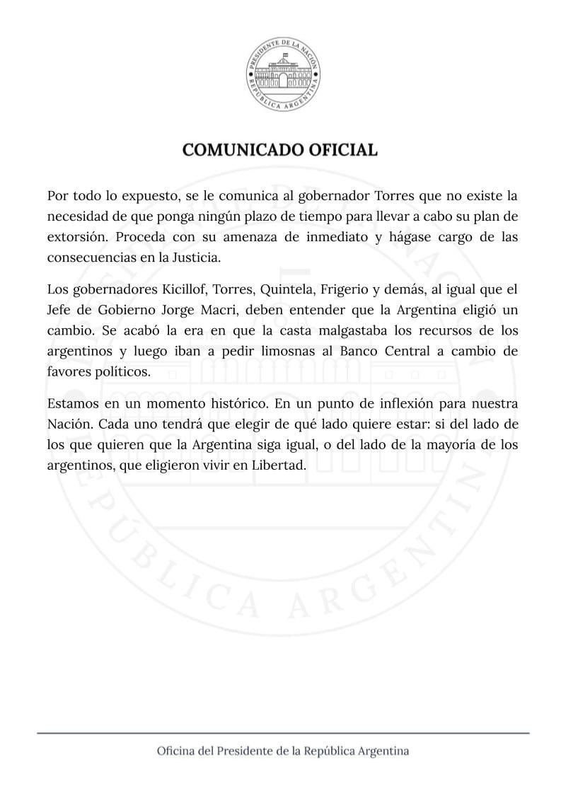 Respuesta de Milei al gobernador de Chubut Torres por el recorte de fondos