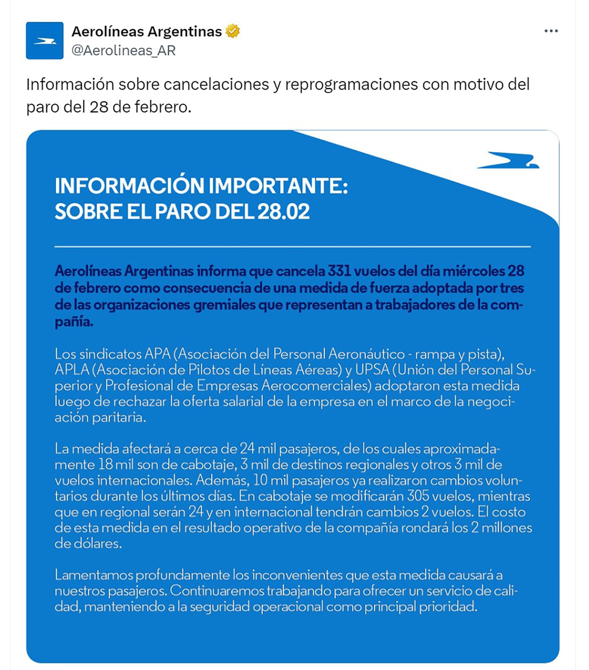 Aerolíneas Argentinas emitió un comunicado en sus redes sociales tras el paro
