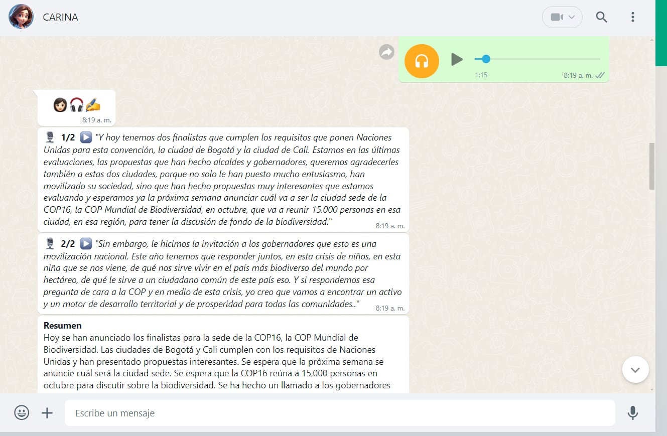 El chatbot ofrece resúmenes de los audios en español. (WhatsApp)