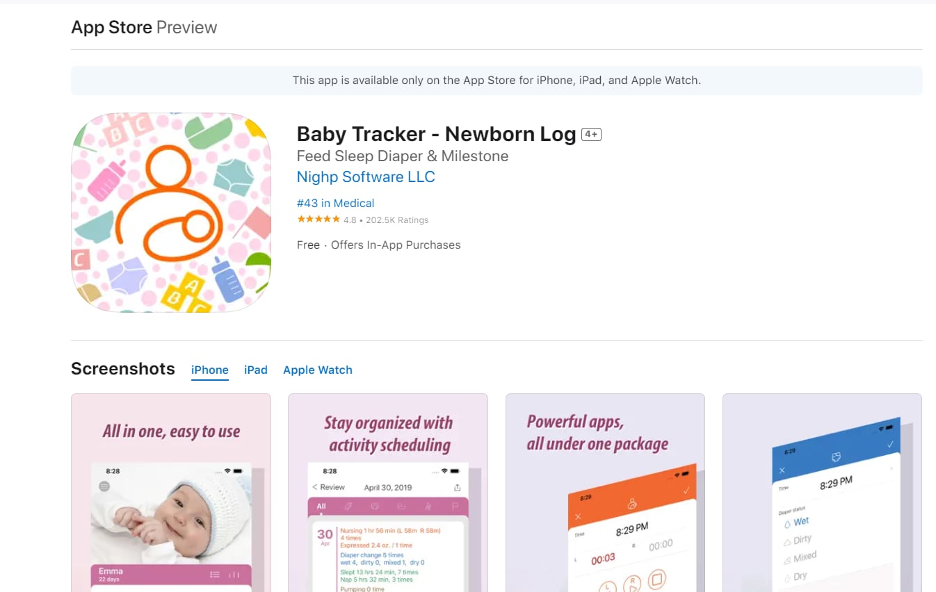 Baby Tracker puede utilizarse desde de un Apple Watch. (Baby Tracker)