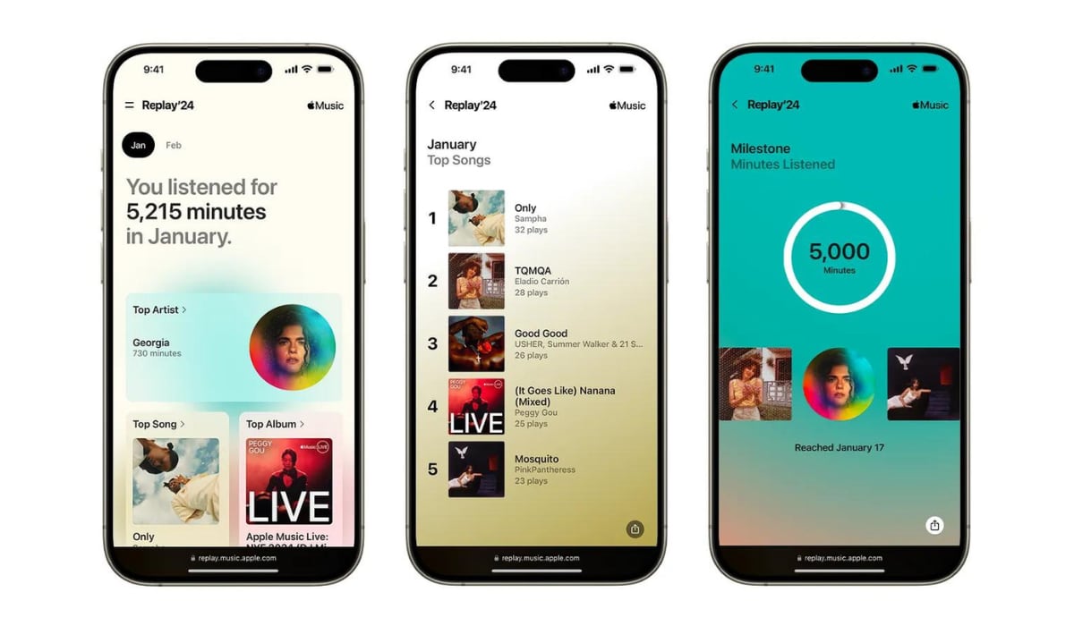 Apple Music creó una versión mensual de su experiencia Replay, que permite consultar a los usuarios sus canciones favoritas, álbumes, artistas e hitos del mes. (Apple)