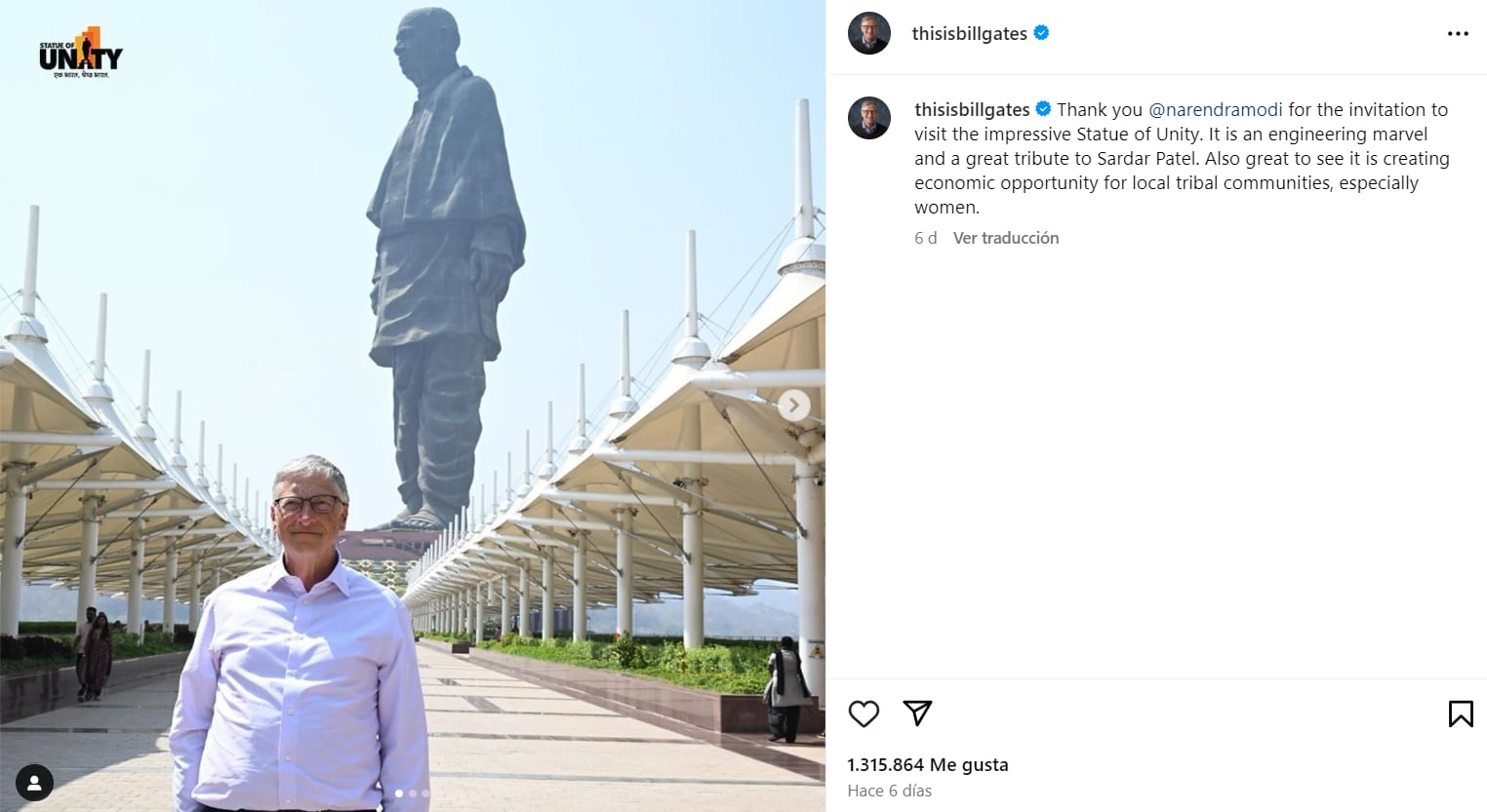 Gates visitó la estatua más alta del mundo. (Instagram: thisisbillgates)