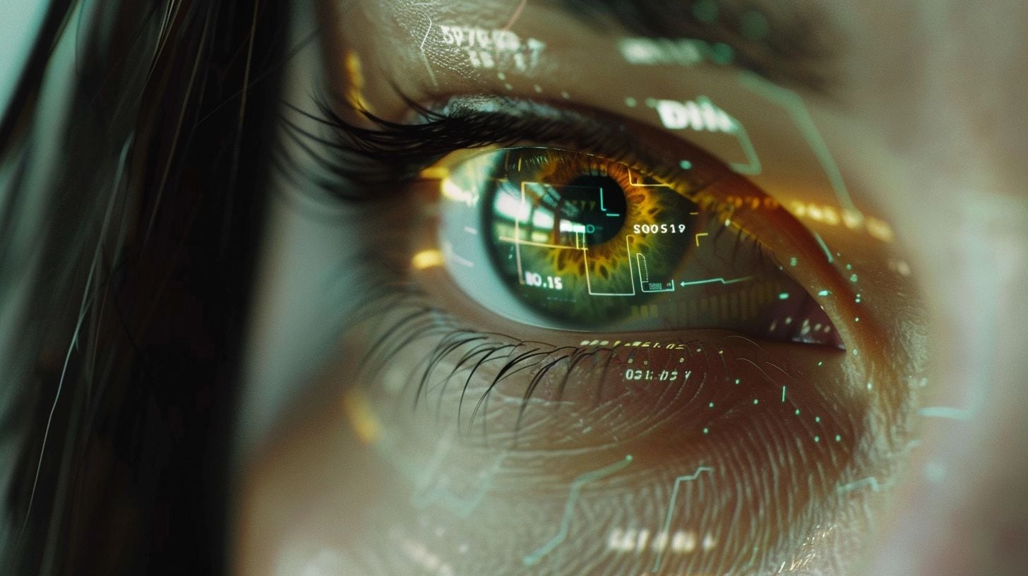 Detalle de un ojo femenino visualizando datos complejos mediante un asistente de realidad aumentada, representando la integración avanzada de la inteligencia artificial y la tecnología en nuestra interacción con el mundo digital y el internet del futuro. (Imagen ilustrativa Infobae)