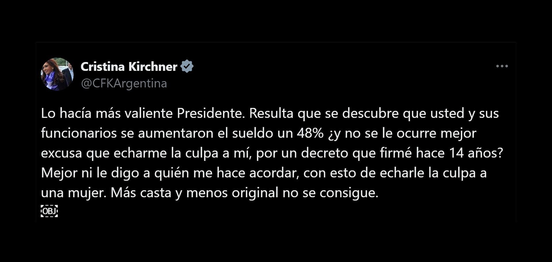 La respuesta de Cristina Kirchner a Milei por los aumentos de sueldo