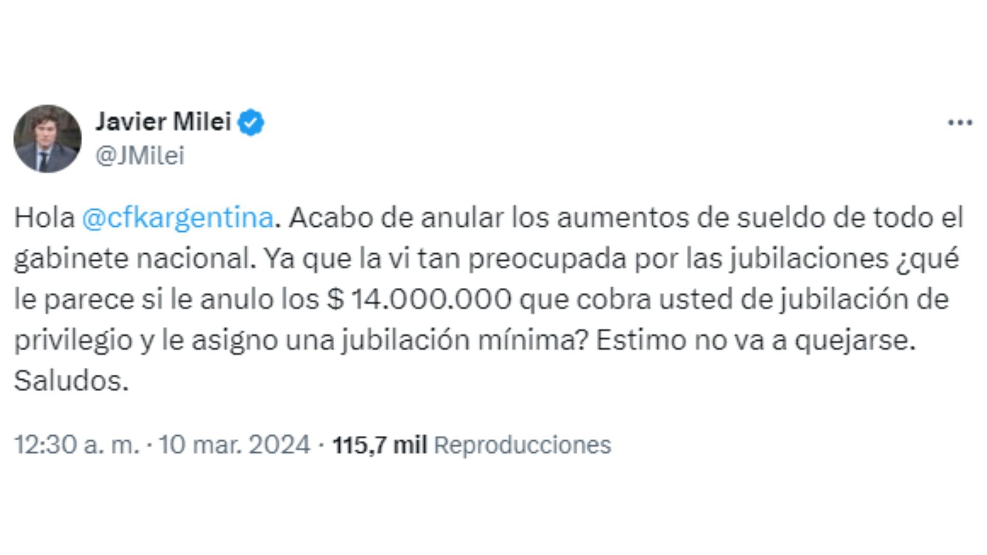 Javier Milei CFK jubilación cruce en X