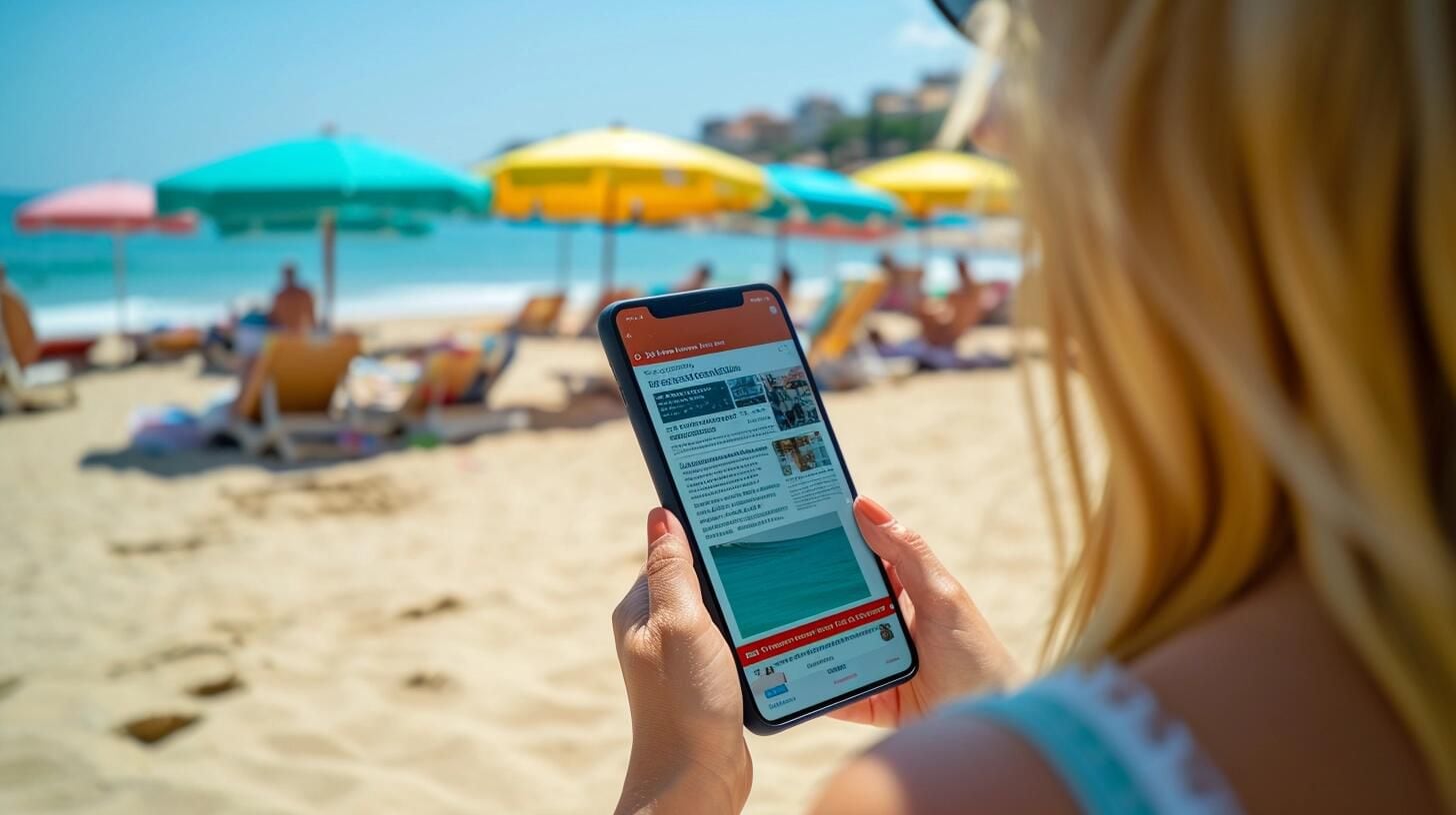 Joven en la playa leyendo su celular, combinando el descanso vacacional con la conexión al mundo a través de la información y actualidad en línea, mostrando cómo la tecnología nos permite estar informados en cualquier lugar. (Imagen ilustrativa Infobae)