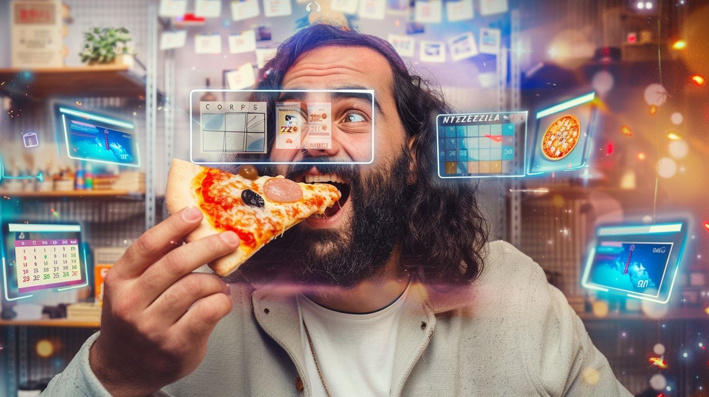 Un hombre holgazán come una porción de pizza mientras utiliza la IA - (Imagen Ilustrativa Infobae)