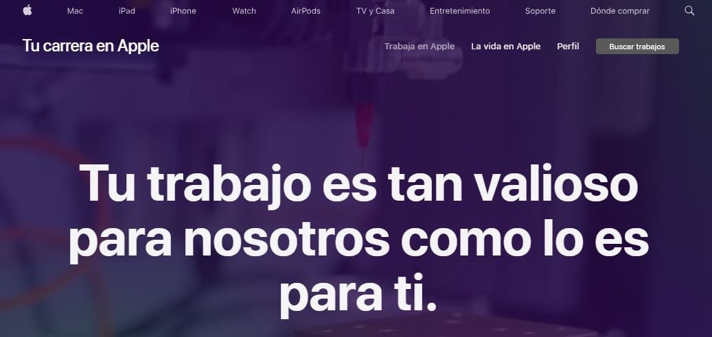 De esta forma se ve la página para aplicar a las vacantes Apple en trabajo en casa, en su versión en español. (Foto: captura)