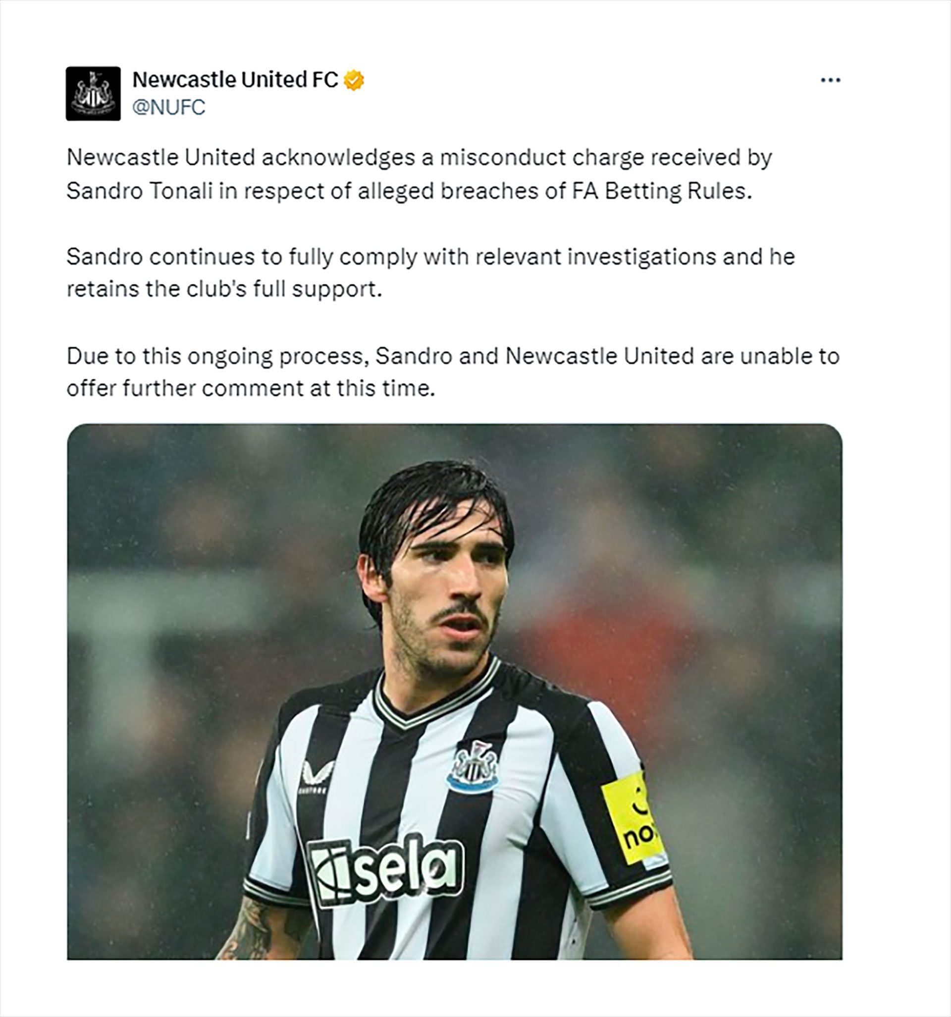 comunicado del Newcastle sobre Sandro Tonali