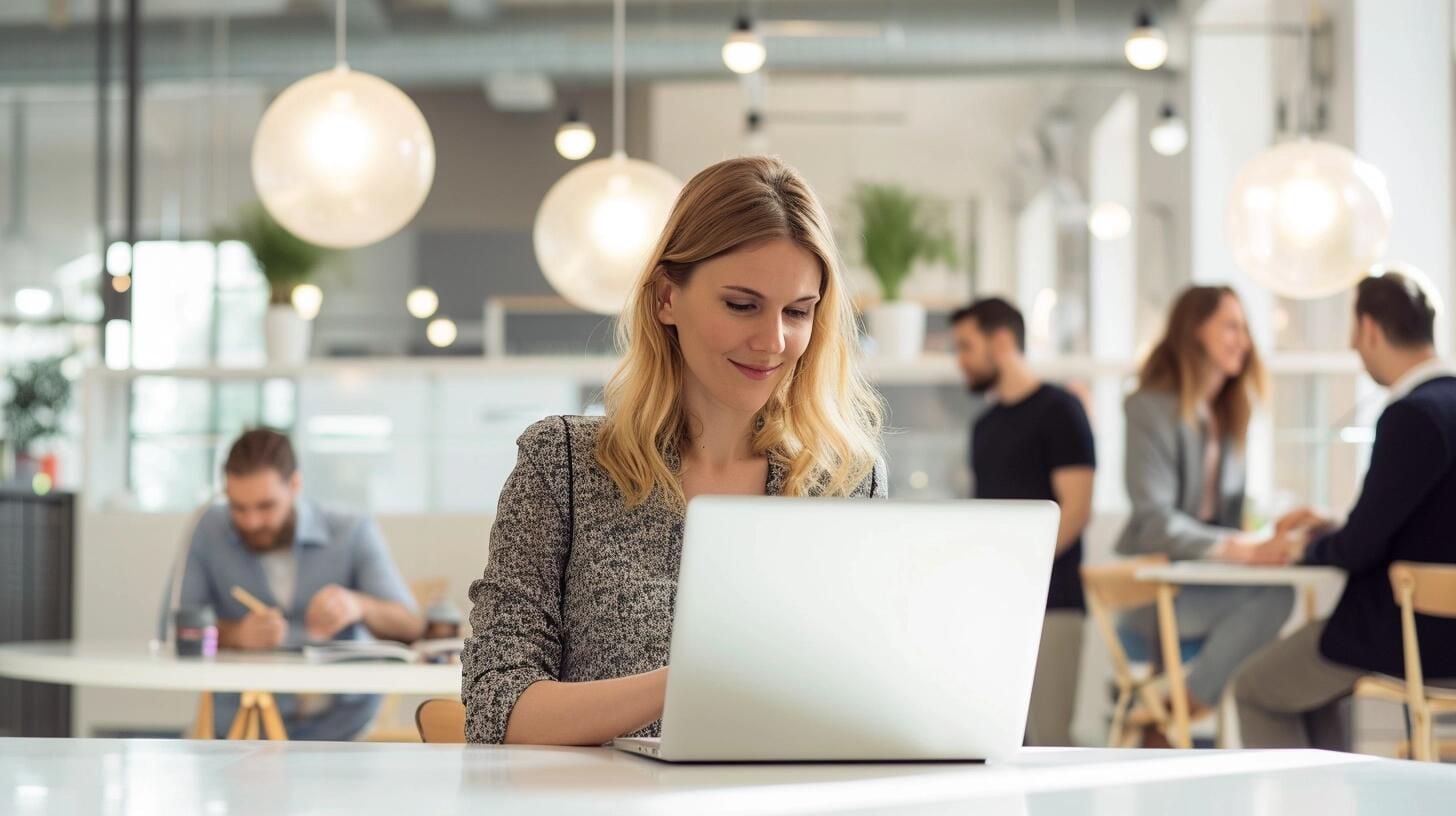 Profesional femenina concentrada en su trabajo remoto usando una laptop en un entorno de coworking, simbolizando el cambio hacia una forma de trabajo más flexible y tecnológicamente avanzada. (Imagen ilustrativa Infobae).