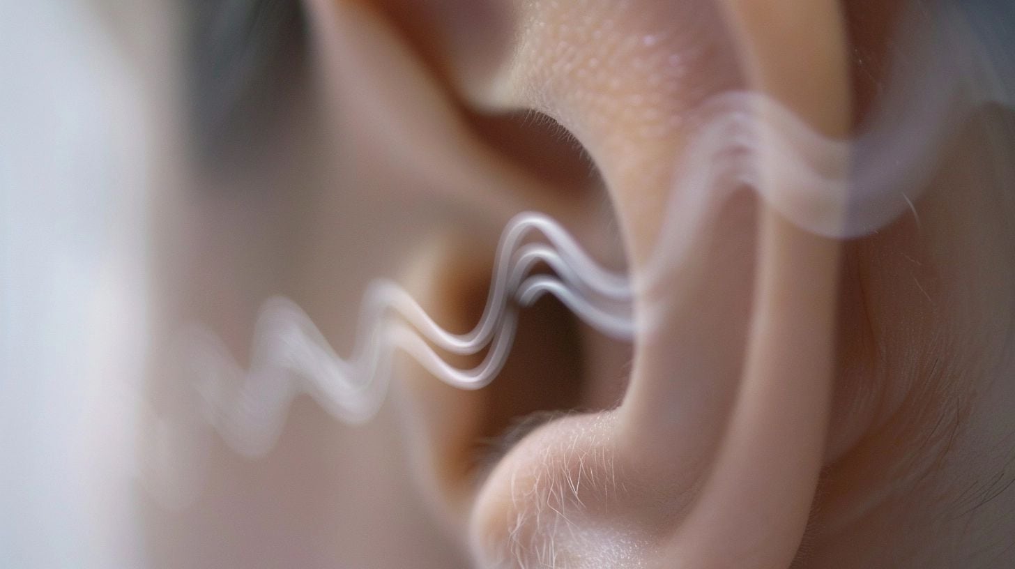 Primer plano de un oído humano interactuando con una vibrante onda sonora, ilustrando el fenómeno de escuchar música y cómo las vibraciones sonoras afectan nuestra percepción auditiva. (Imagen ilustrativa Infobae).