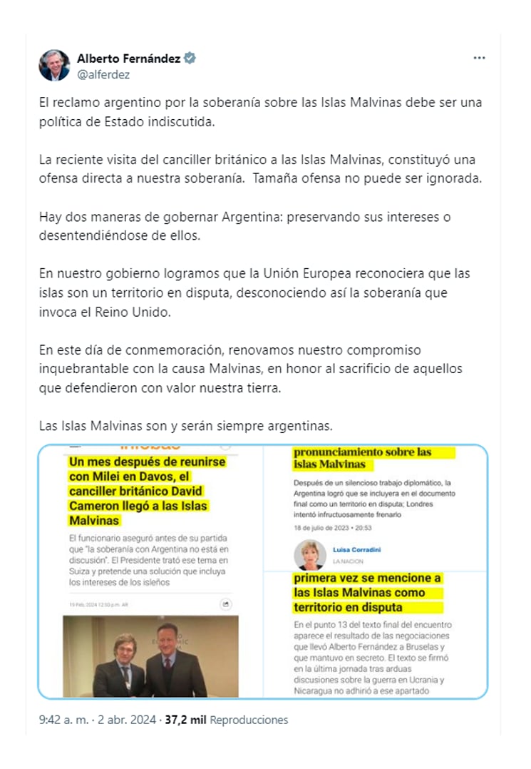 Tuits de Cristina Kirchner y Alberto Fernández por el 2 de abril