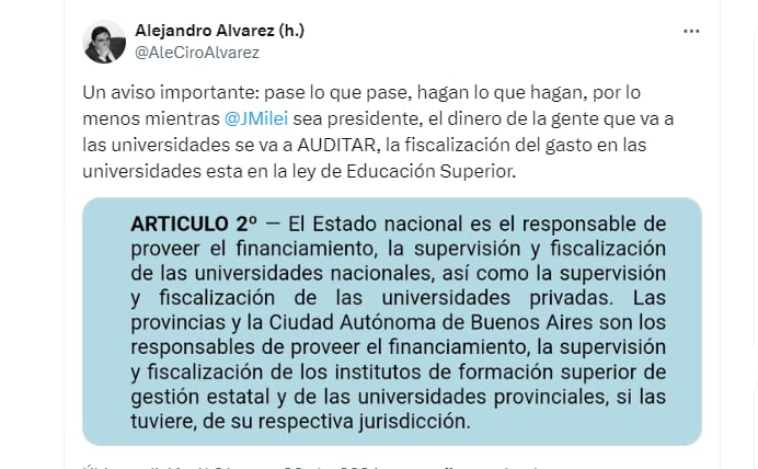 El tuit Alejandro Alvarez, subsecretario de Políticas Universitarias