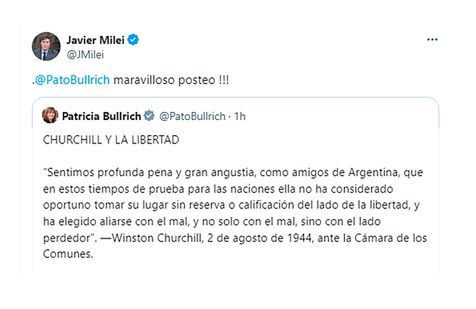 Javier Milei elogió el posteo de Bullrich
