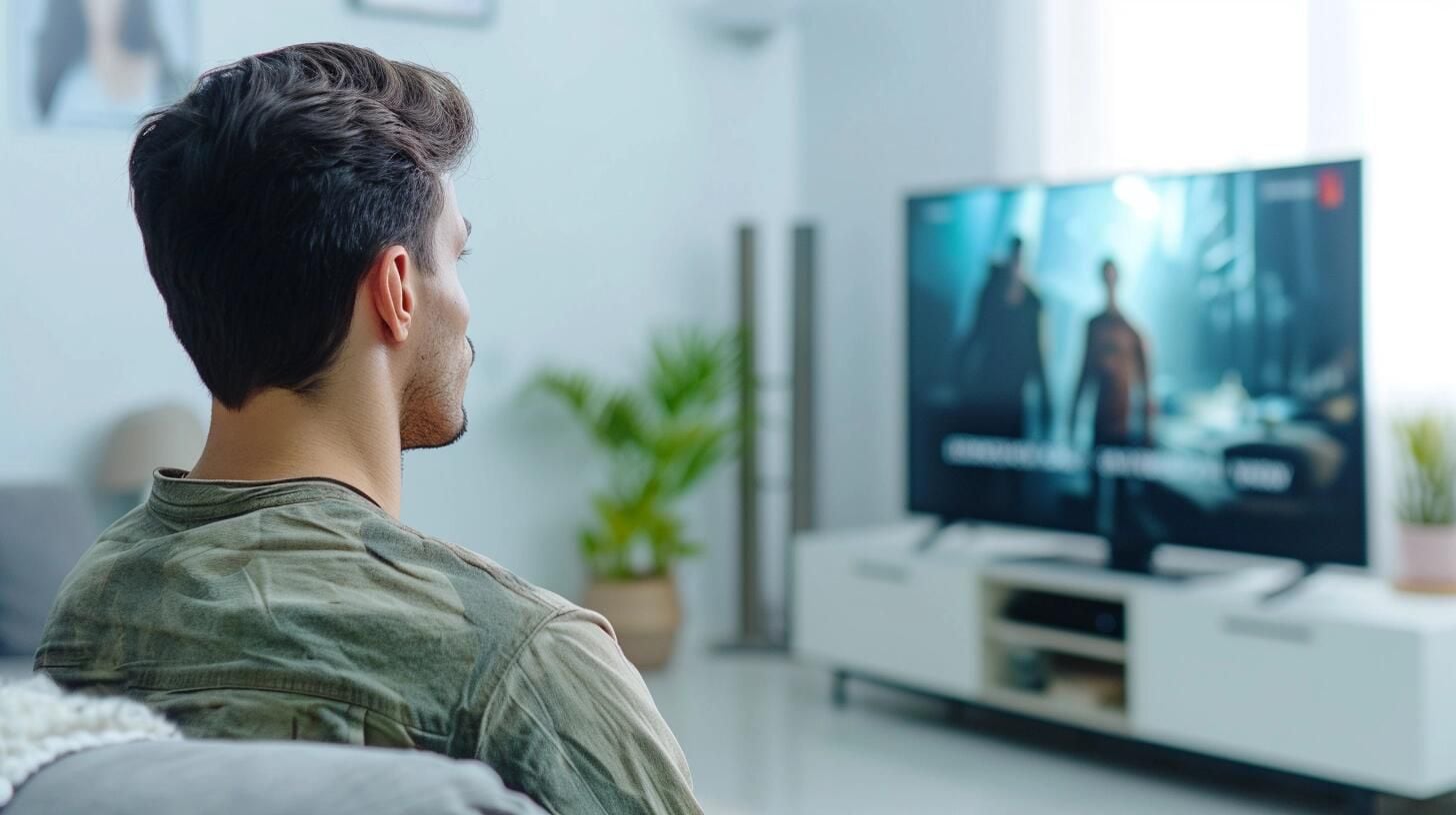 Text: Individuo relajado viendo televisión en el salón de su hogar, aprovechando las opciones de streaming para un maratón de sus programas favoritos, destacando el papel del internet en el ocio moderno.