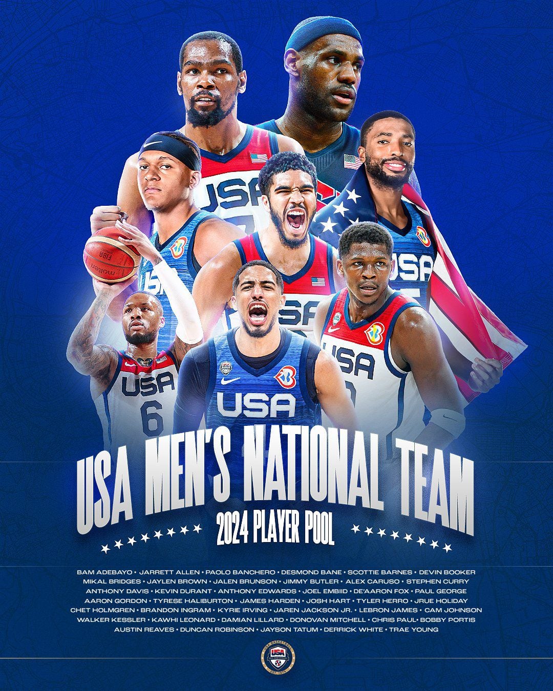 El póster de la preselección de básquetbol de los Estados Unidos de cara a los Juegos Olímpicos de París (USA Basketball)