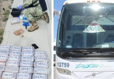 Frenan millonario cargamento de cocaína escondido en autobús con calcomanías del INM