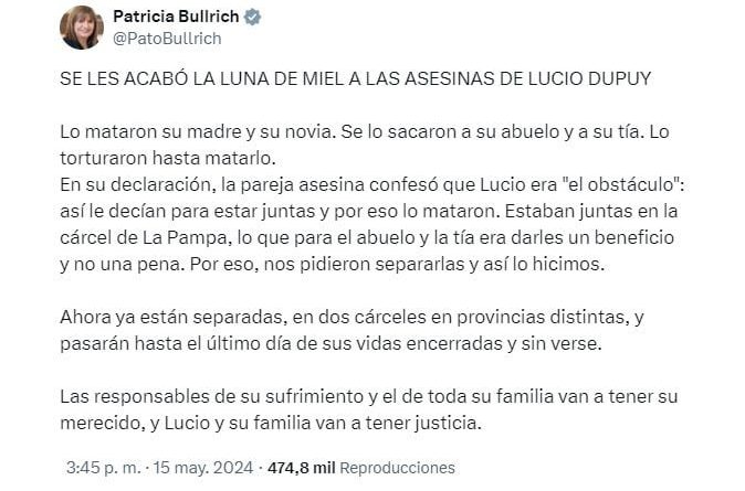 Las asesinas de Lucio ya no estarán juntas en la cárcel: “Se les acabó la luna de miel”, celebró Patricia Bullrich